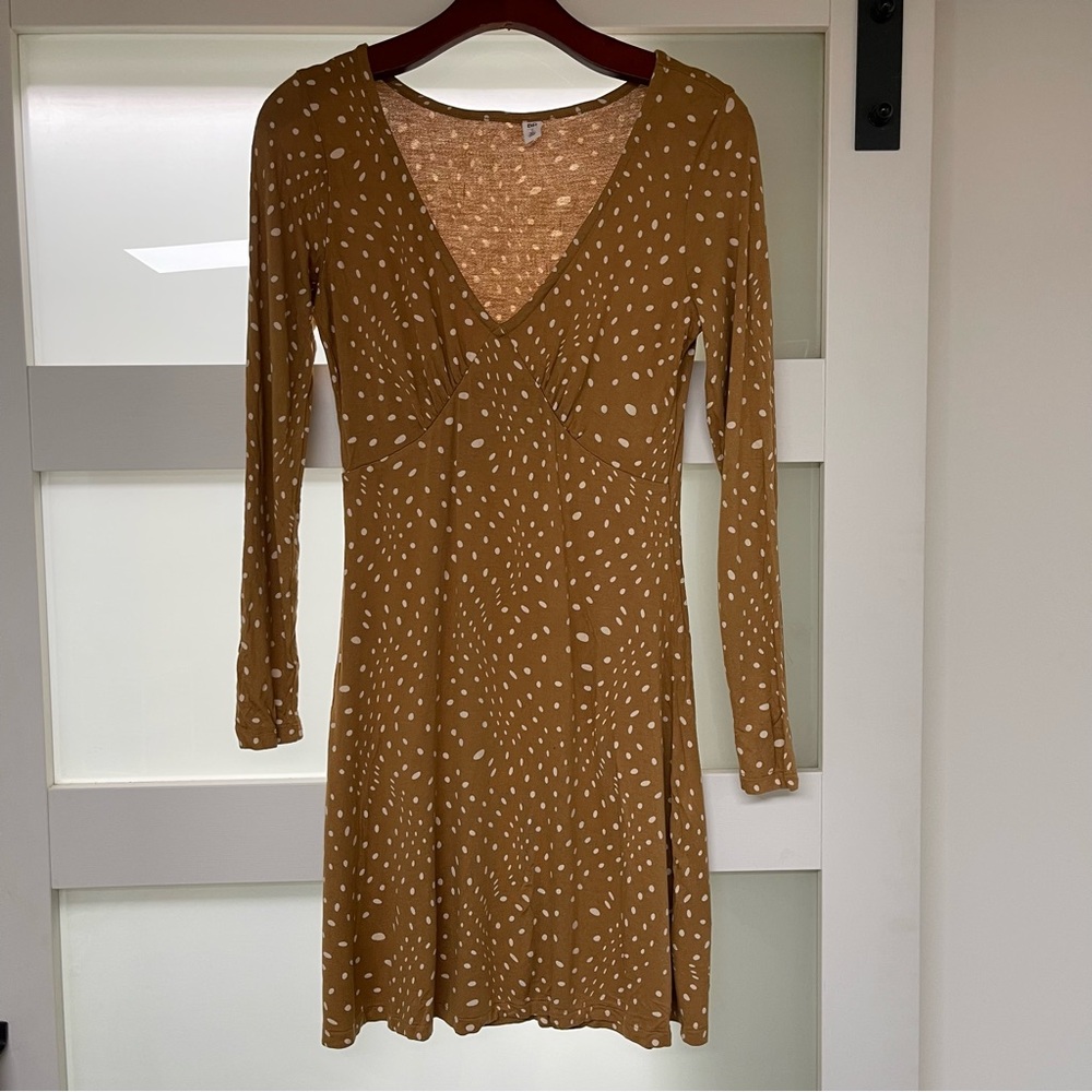 Long Sleeve Mustard Color Dress with Dots All Over Size S - Picture 2 of 10